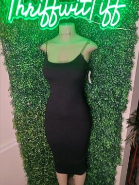 Black Ribbed Midi Dress with Chain Straps